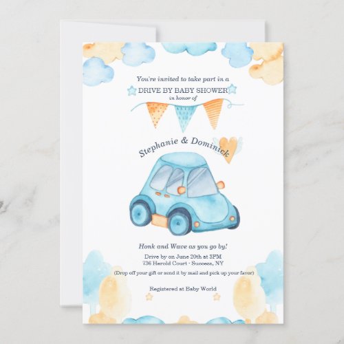 Drive By Baby Boy Shower Invitation