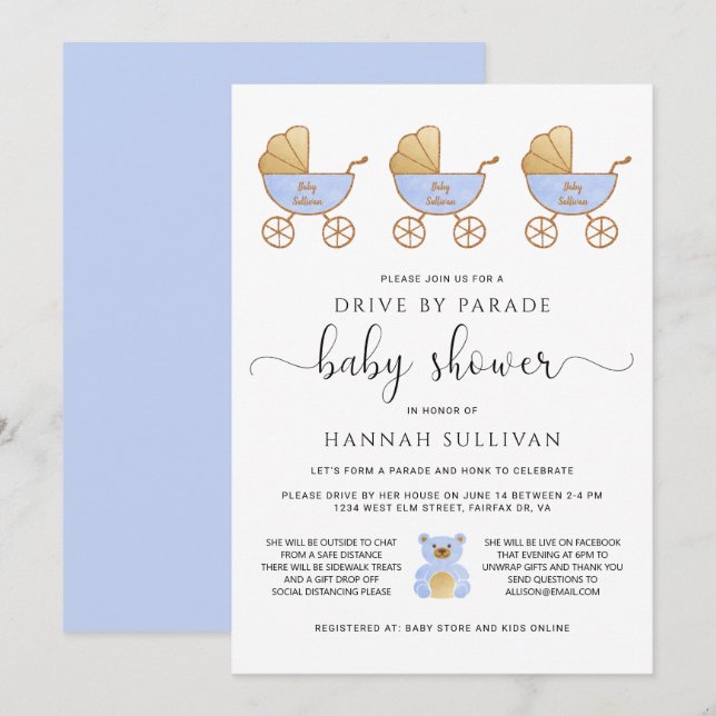 Drive By Baby Boy Shower | Retro Carriage Blue Invitation (Front/Back)