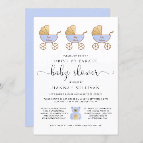 Drive By Baby Boy Shower  Retro Carriage Blue Invitation