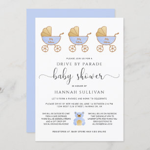 Drive By Baby Boy Shower Retro Carriage Blue Invitation