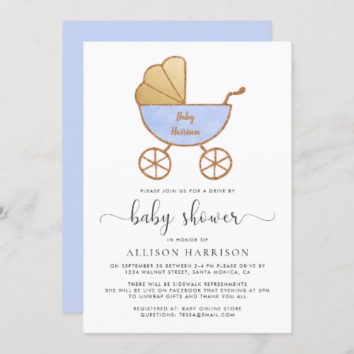 Drive By Baby Boy Shower Retro Carriage Blue Invitation