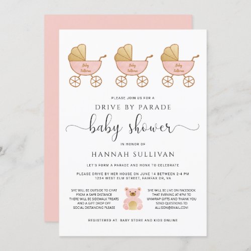 Drive By Baby Girl Shower  Retro Carriage Pink Invitation