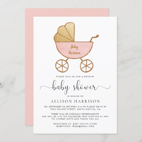 Drive By Baby Girl Shower Retro Carriage Pink Invitation