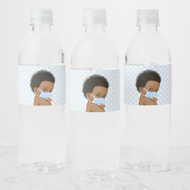 Drive By Baby Shower African American Baby Mask Water Bottle Label (Bottles)