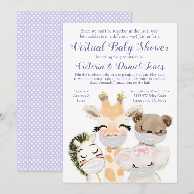 Drive By Baby Shower Baby Animals with Masks Invitation (Front/Back)