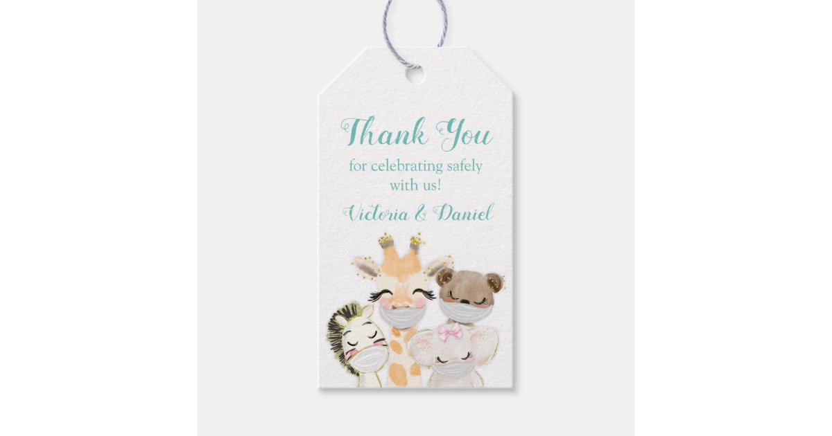 Drive By Baby Shower Baby Animals With Masks Teal Gift Tags | Zazzle