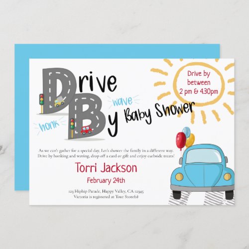 Drive By Baby Shower Blue Car and Balloons Invitation