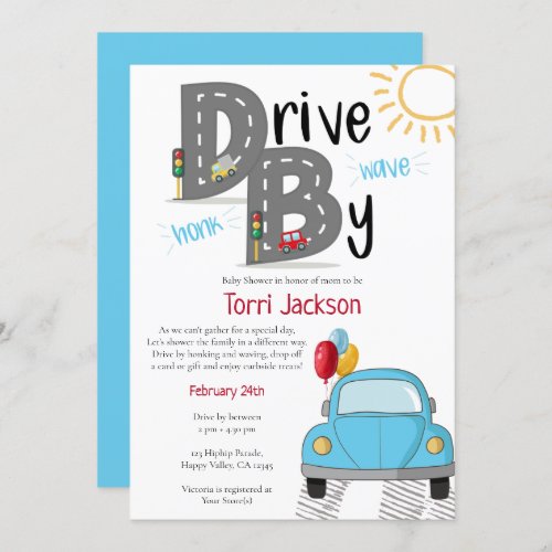 Drive By Baby Shower Blue Car for Boy Invitation