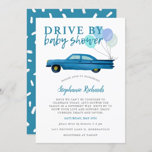 Drive By Baby Shower Blue Car Parade Invitation