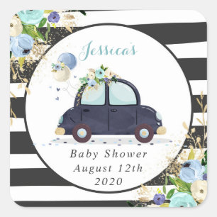 Drive By Baby Shower Blue Floral Favor Tag Sticker