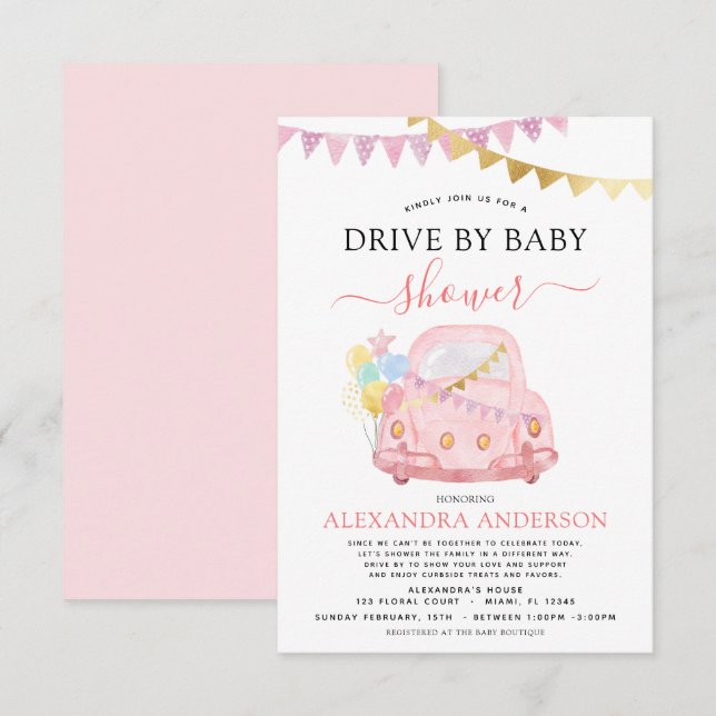 Drive By Baby Shower Blush Pink Gold Foil Invitation (Front/Back)