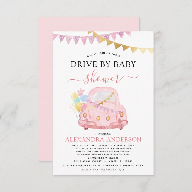 Drive By Baby Shower Blush Pink Gold Foil Invitation (Front/Back)