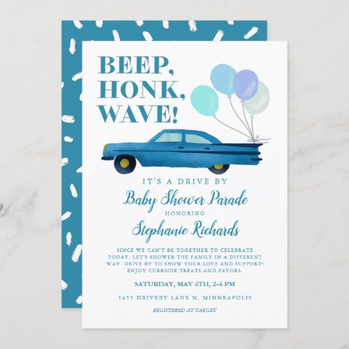 Drive By Baby Shower Boy Blue Vintage Car Invitation