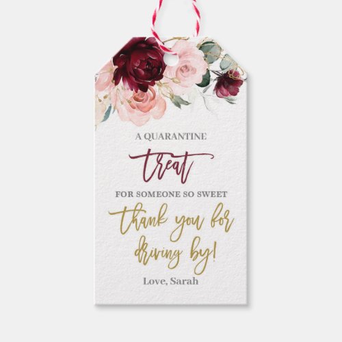 Drive by baby shower burgundy and pink fall floral gift tags