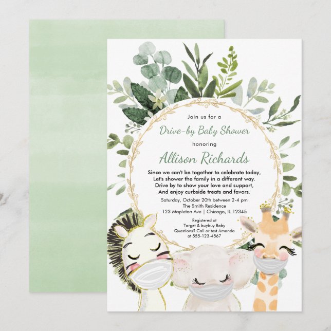 Drive-by baby shower cute animals greenery gold invitation (Front/Back)
