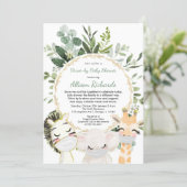 Drive-by baby shower cute animals greenery gold invitation (Standing Front)