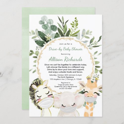 Drive_by baby shower cute animals greenery gold invitation