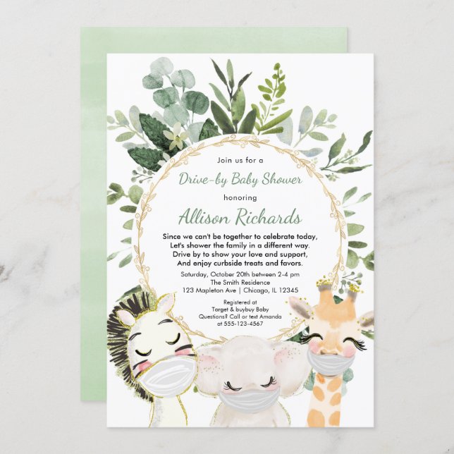 Drive-by baby shower cute animals greenery gold invitation (Front/Back)