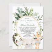 Drive-by baby shower cute animals greenery gold invitation (Front)