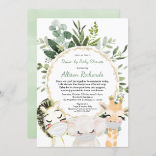 Drive-by baby shower cute animals greenery gold invitation