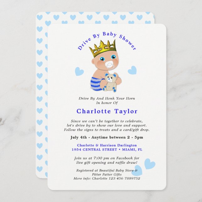 Drive By Baby Shower Cute Prince Blue Baby Boy Inv Invitation (Front/Back)