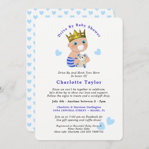 Drive By Baby Shower Cute Prince Blue Baby Boy Inv Invitation