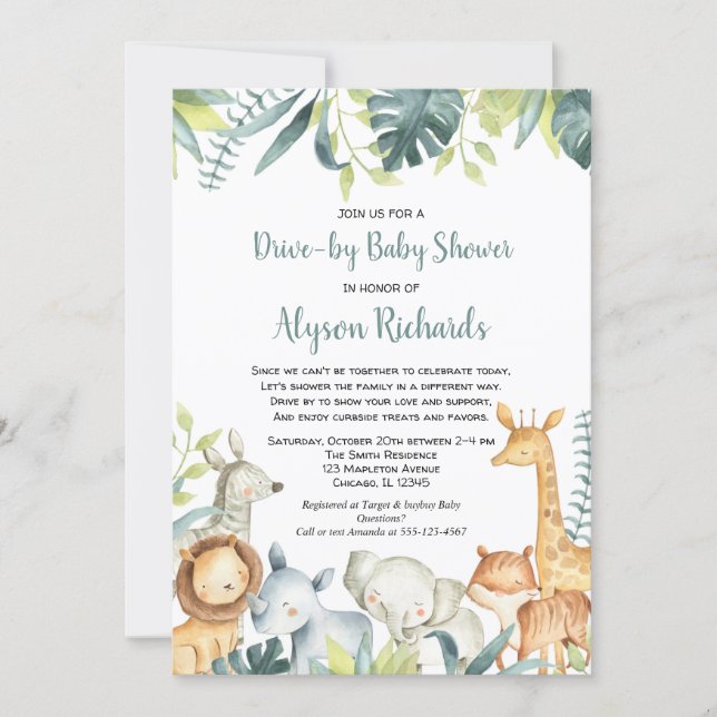 Drive-by baby shower cute safari animals invitation (Front)