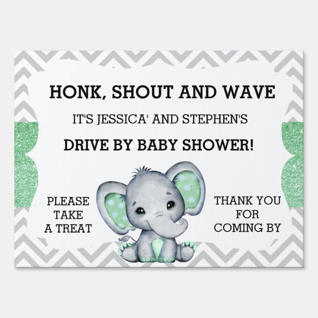 Drive By Baby Shower Elephant Chevron Glitter Sign (Front)