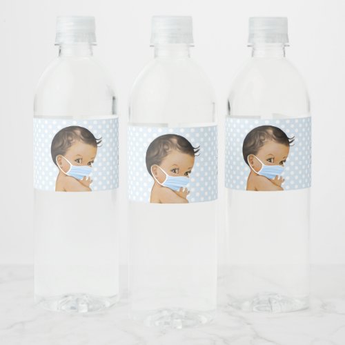 Drive By Baby Shower Ethnic Baby Boy With Mask Water Bottle Label