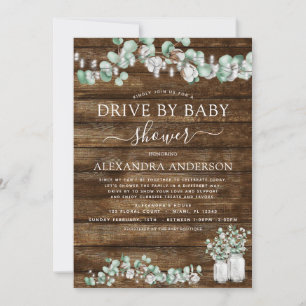 Drive By Baby Shower Eucalyptus Rustic Wood Invitation