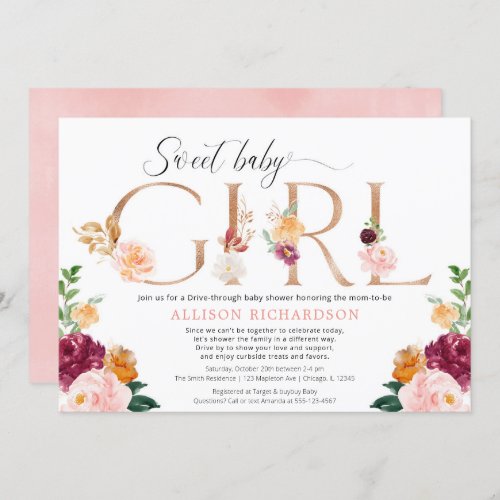 Drive_by baby shower girl rose gold burgundy blush invitation