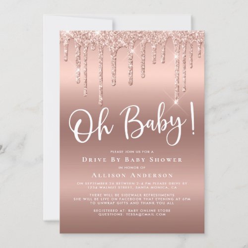 Drive By Baby Shower Glitter Drip Rose Gold Invitation