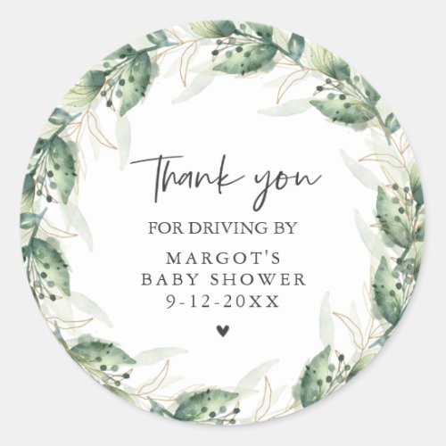 Drive By Baby Shower Greenery And Gold Classic Round Sticker