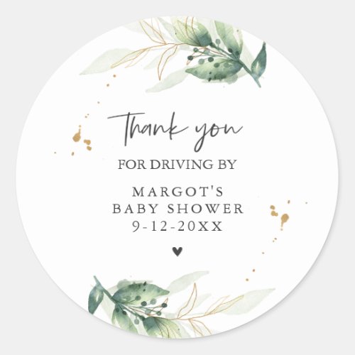 Drive By Baby Shower Greenery And Gold Classic Round Sticker