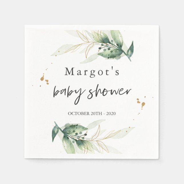 Drive By Baby Shower Greenery And Gold Napkins (Front)