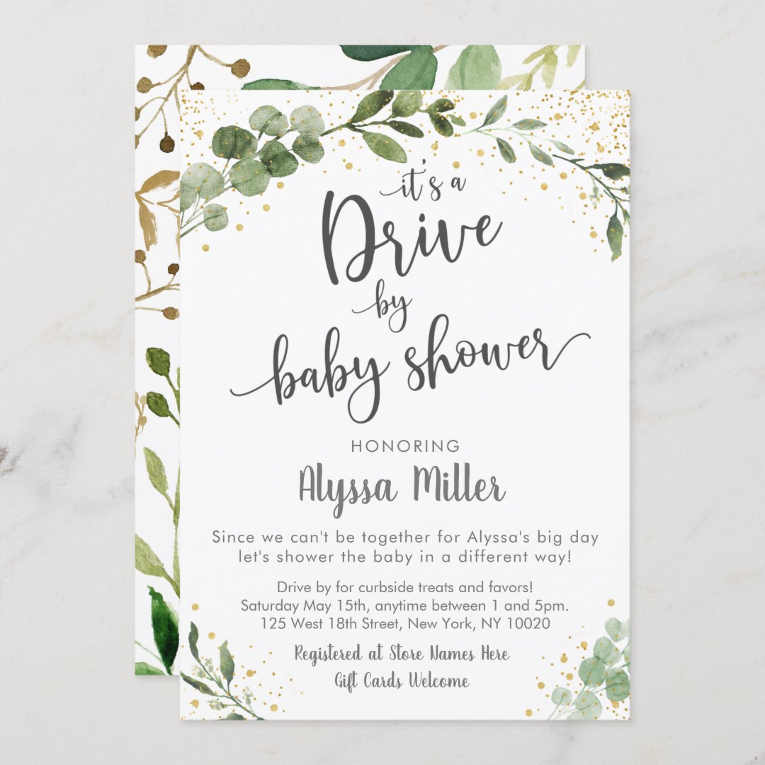 Drive By Baby Shower Greenery & Gold Eucalyptus Invitation 