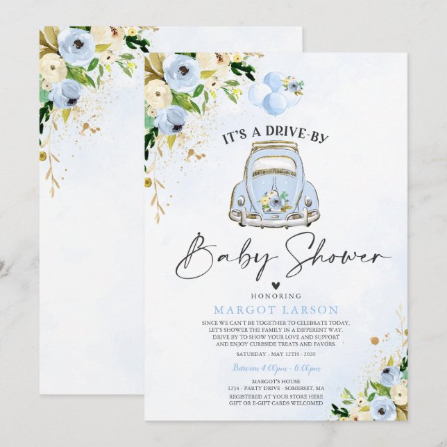 Drive By Baby Shower Invitation Blue Floral (Front/Back)