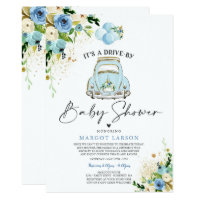 Drive By Baby Shower Invitation Blue Floral Shower