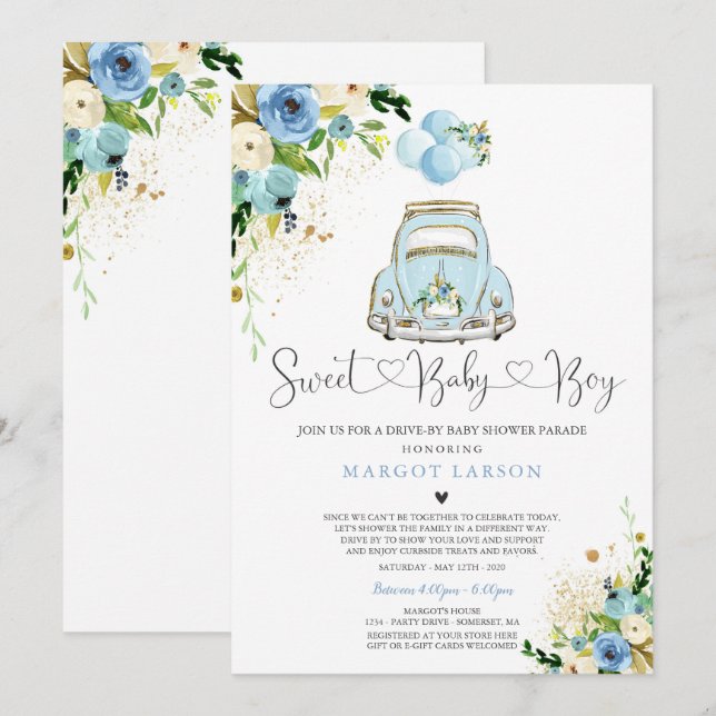 Drive By Baby Shower Invitation Blue Floral Shower (Front/Back)