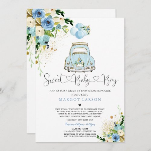 Drive By Baby Shower Invitation Blue Floral Shower