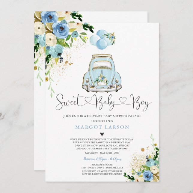 Drive By Baby Shower Invitation Blue Floral Shower (Front/Back)