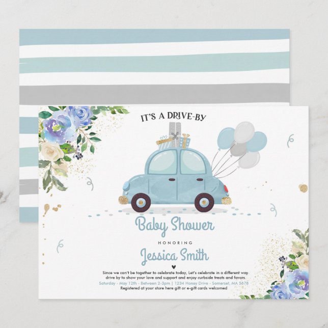 Drive By Baby Shower Invitation Blue Floral Shower (Front/Back)