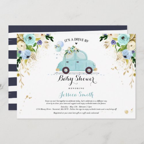 Drive By Baby Shower Invitation Blue Floral Shower