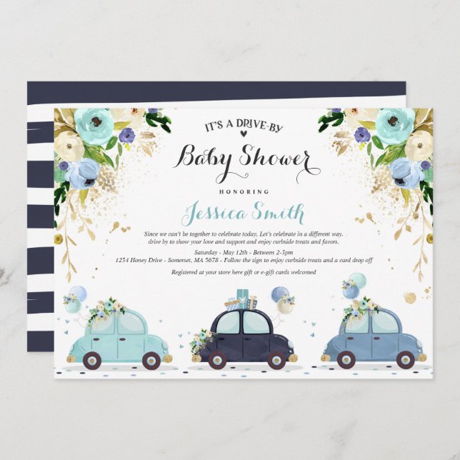 Drive By Baby Shower Invitation Blue Floral Shower (Front/Back)