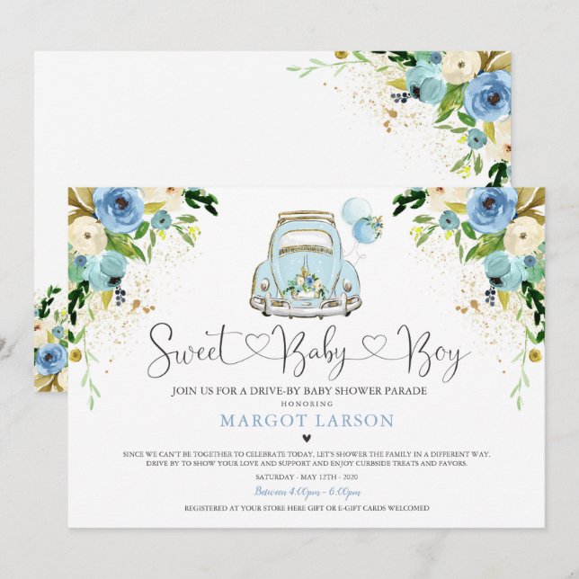 Drive By Baby Shower Invitation Blue Floral Shower (Front/Back)