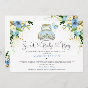 Drive By Baby Shower Invitation Blue Floral Shower