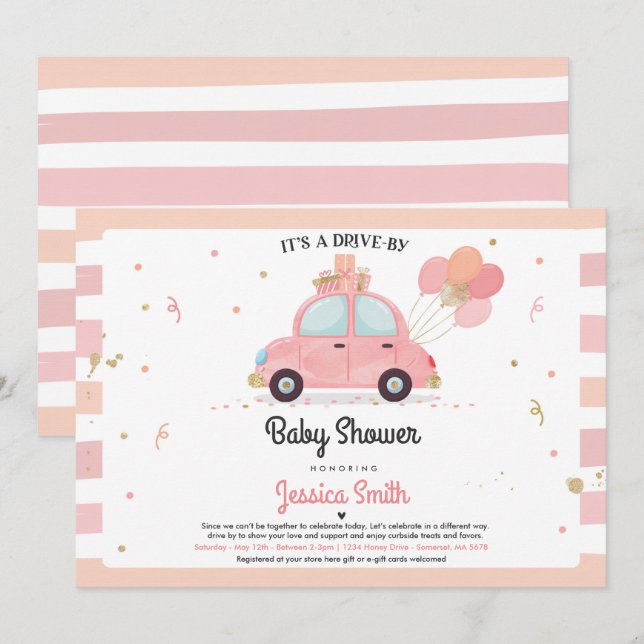 Drive By Baby Shower Invitation Blush Pink Shower (Front/Back)
