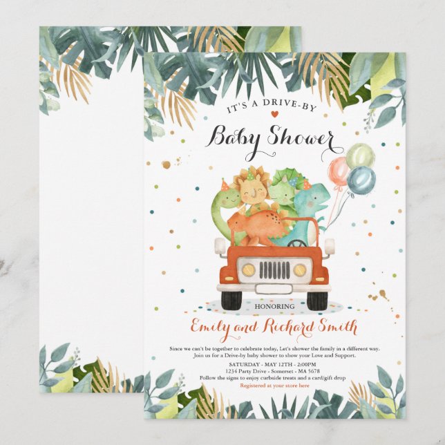 Drive By Baby Shower Invitation Dinosaur Shower (Front/Back)