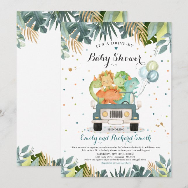 Drive By Baby Shower Invitation Dinosaur Shower (Front/Back)