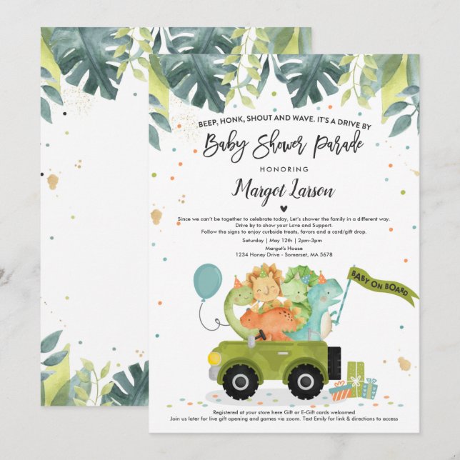 Drive By Baby Shower Invitation Dinosaur Shower (Front/Back)